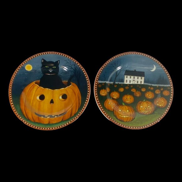 VTG Sakura Pumpkin Hollow David Carter Brown Plates Black Cat & Jack O' Lanterns - Picture 2 of 12